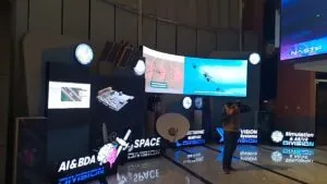 Wall mounted Curved SMD Screens with multiple digital signage on the floor of NASTP, Karachi, Complete solution provided by EziSol.