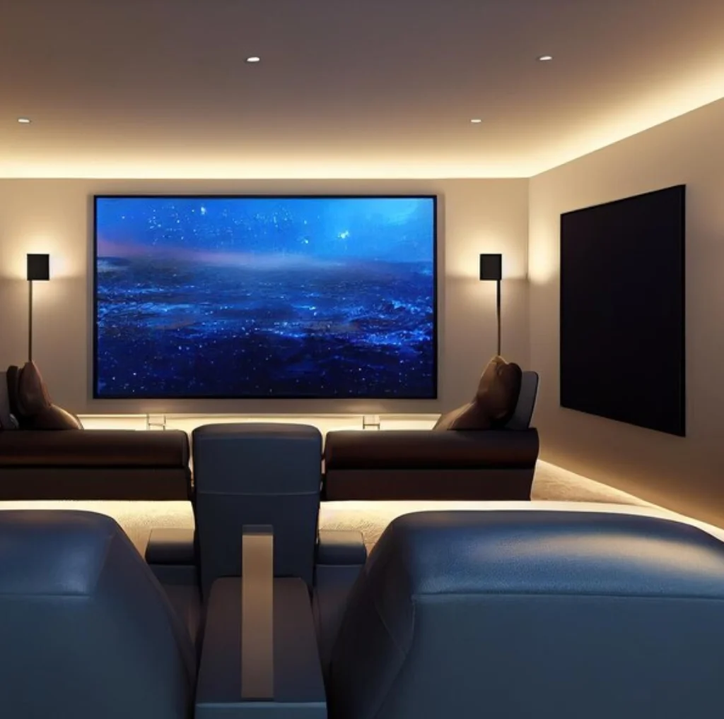 Home theater setup installed by EziSol with Big LCD Screen, and comfortable Sofa sitting.