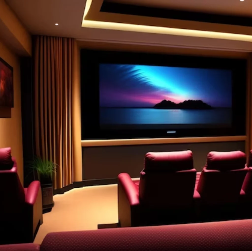 Home theater system designed and installed by Ezisol. Using 95'' Screens and high end sound system.