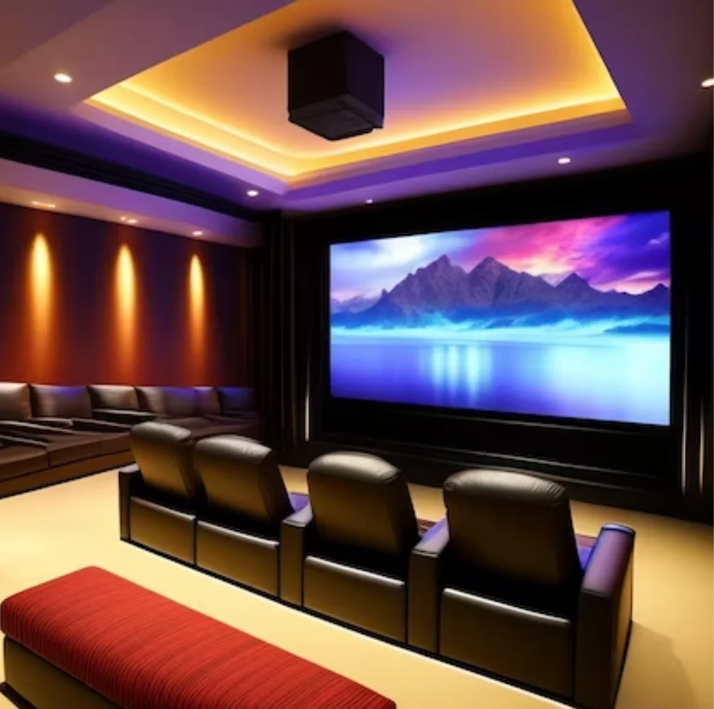Complete Home theater Solution setup with relaxing black leather comfortable sofas in Gujranwala, Pakistan. Project Completed By EziSol