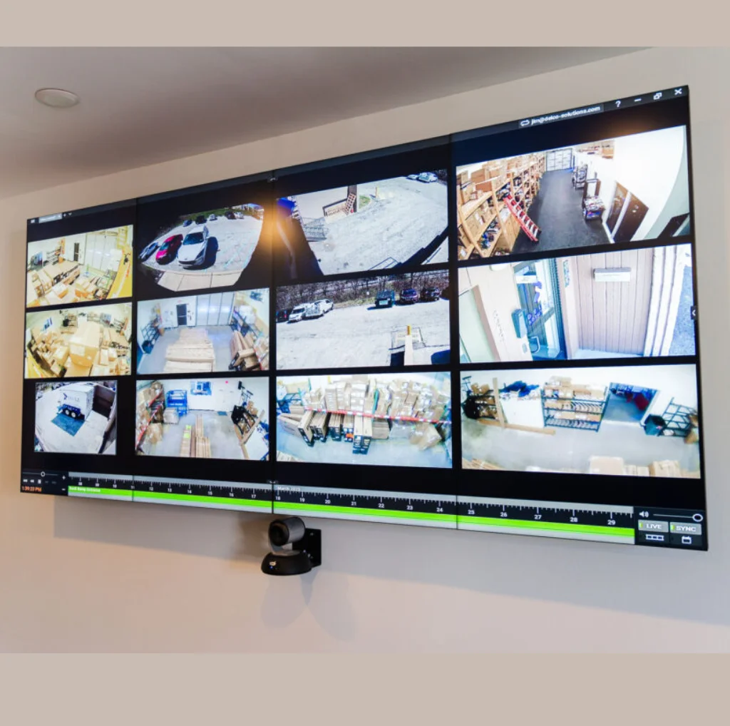 A wall mounted LCD showing views of multiple CCTVs. Installed by EziSol