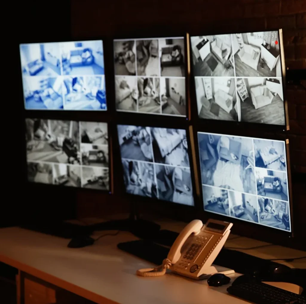 Display Screens in control room with telephone.