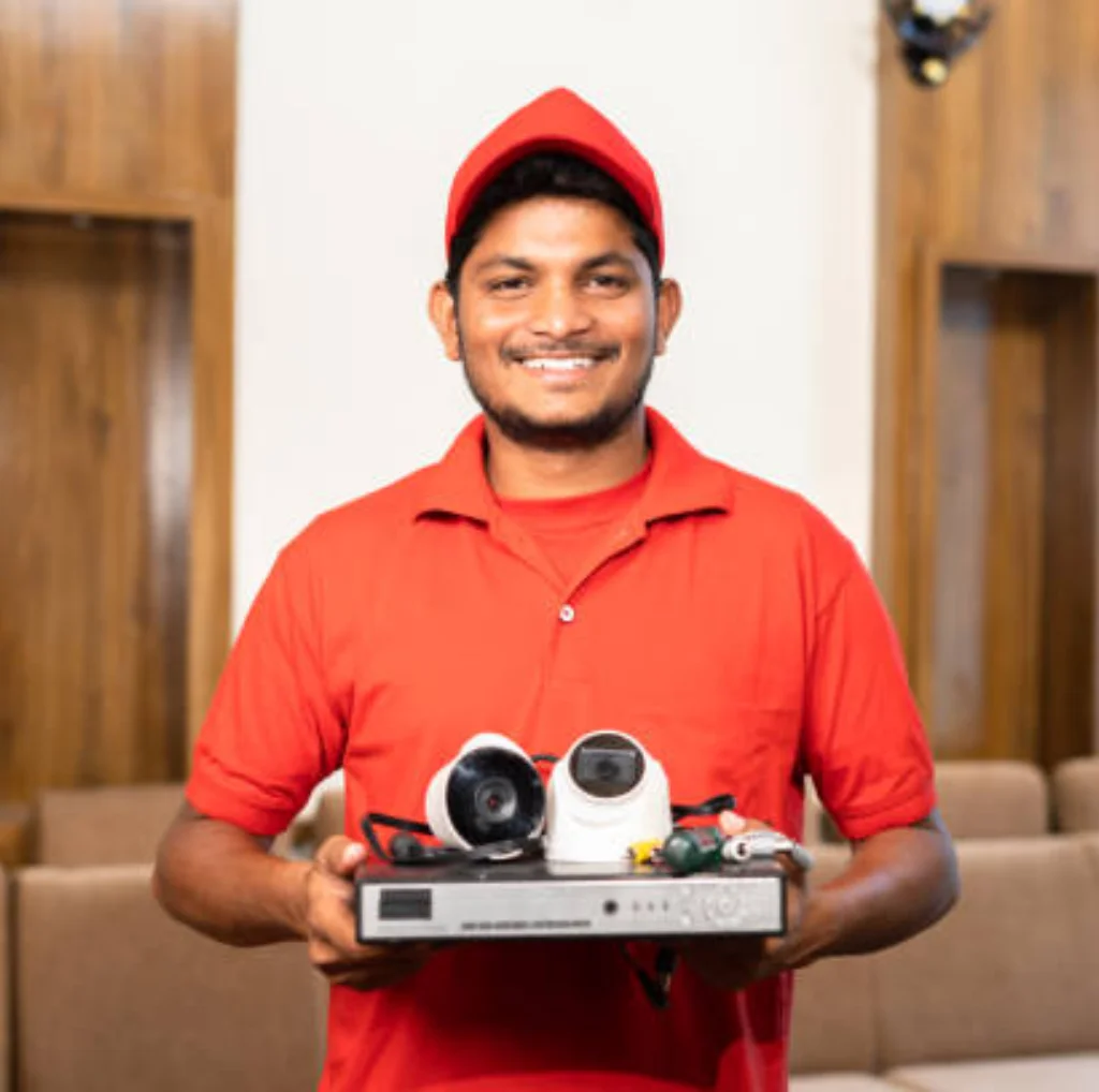 A smiling boy is standing with components of CCTV system in his Hands.