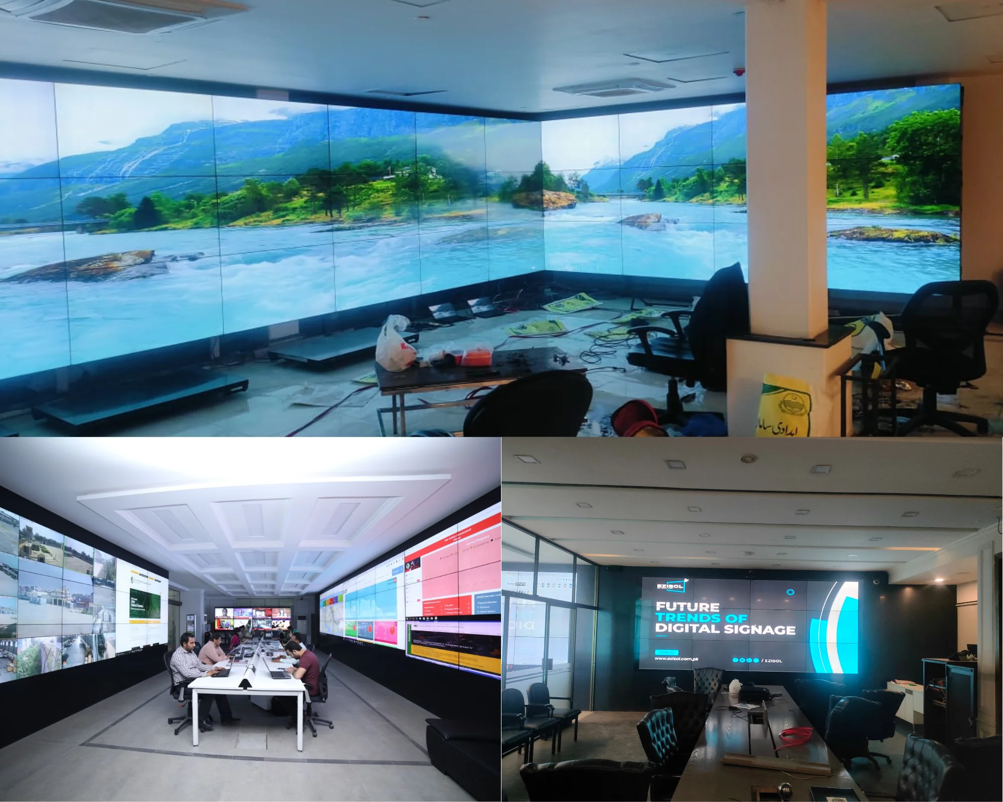 A collage of multiple images showing tiled lcd video wall in an office space.