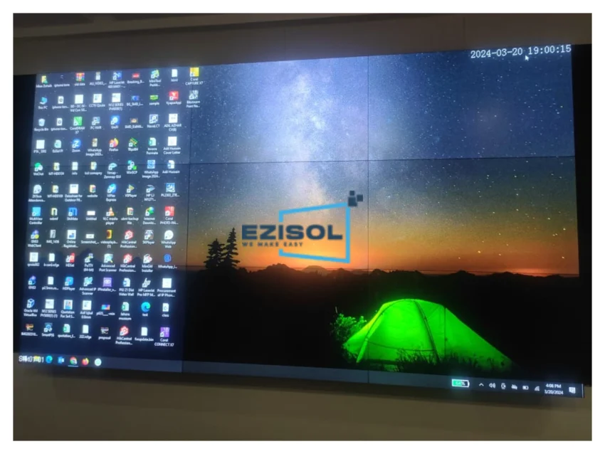 EziSol installed a complete solution of 3x3 Dahua LCD Video Wall at HISDU, Lahore. This bezel-less Indoor Video wall showing a destop screen with wall paper.