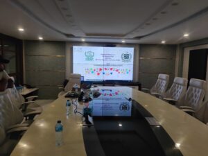 A Big LCD Video Wall Display in a meeting room along with large table and multiple chairs. Video Wall solution setup by EziSol in Lahore.