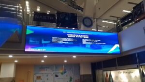 wall mounted SMD screen hanging on the wall, showing blue screen at NASTP, Karachi, Complete Solution Provided by EziSol
