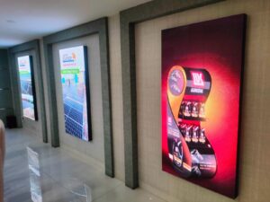 3 indoor Streamers of 3x5 feet in size are Displayed on a lobby wall. Complete setup by EziSol in Lahore. 